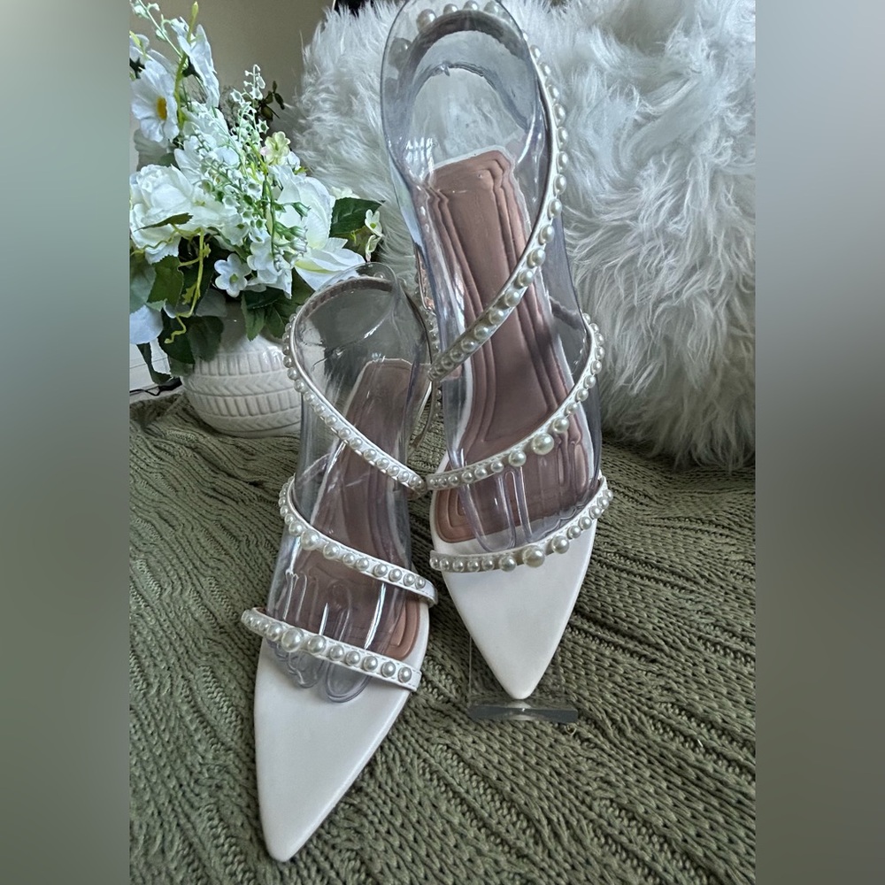 BCBGeneration White Pearl-Strap Pointed Toe Heels